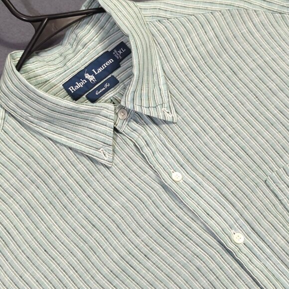 Ralph Lauren Shirt Men's XL Green Striped Linen Custom Fit Long Sleeve Button Up - Picture 1 of 10